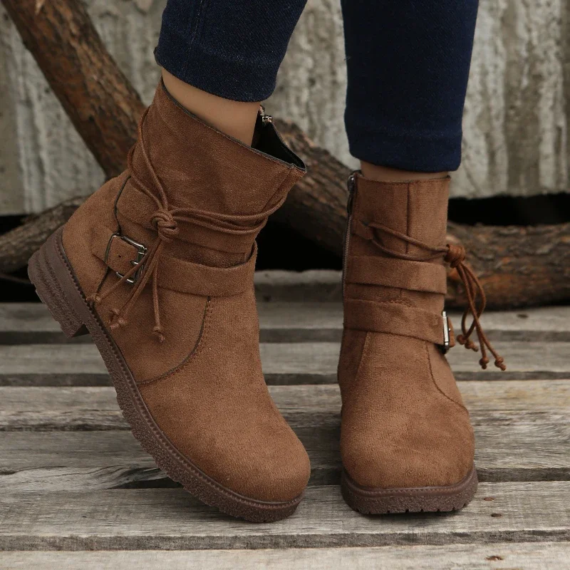 Botines Women Ankle Boot Autumn New Retro Suede High Heel Boot Chunky Plus Size Casual Women Shoe Buckle Zipper Short Boot