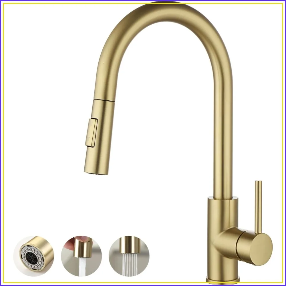 

High Arc Gold Kitchen Faucet with Pull Down Sprayer, Brushed Finish, Stainless Steel, cUPC Cartridge, Soap Dispenser