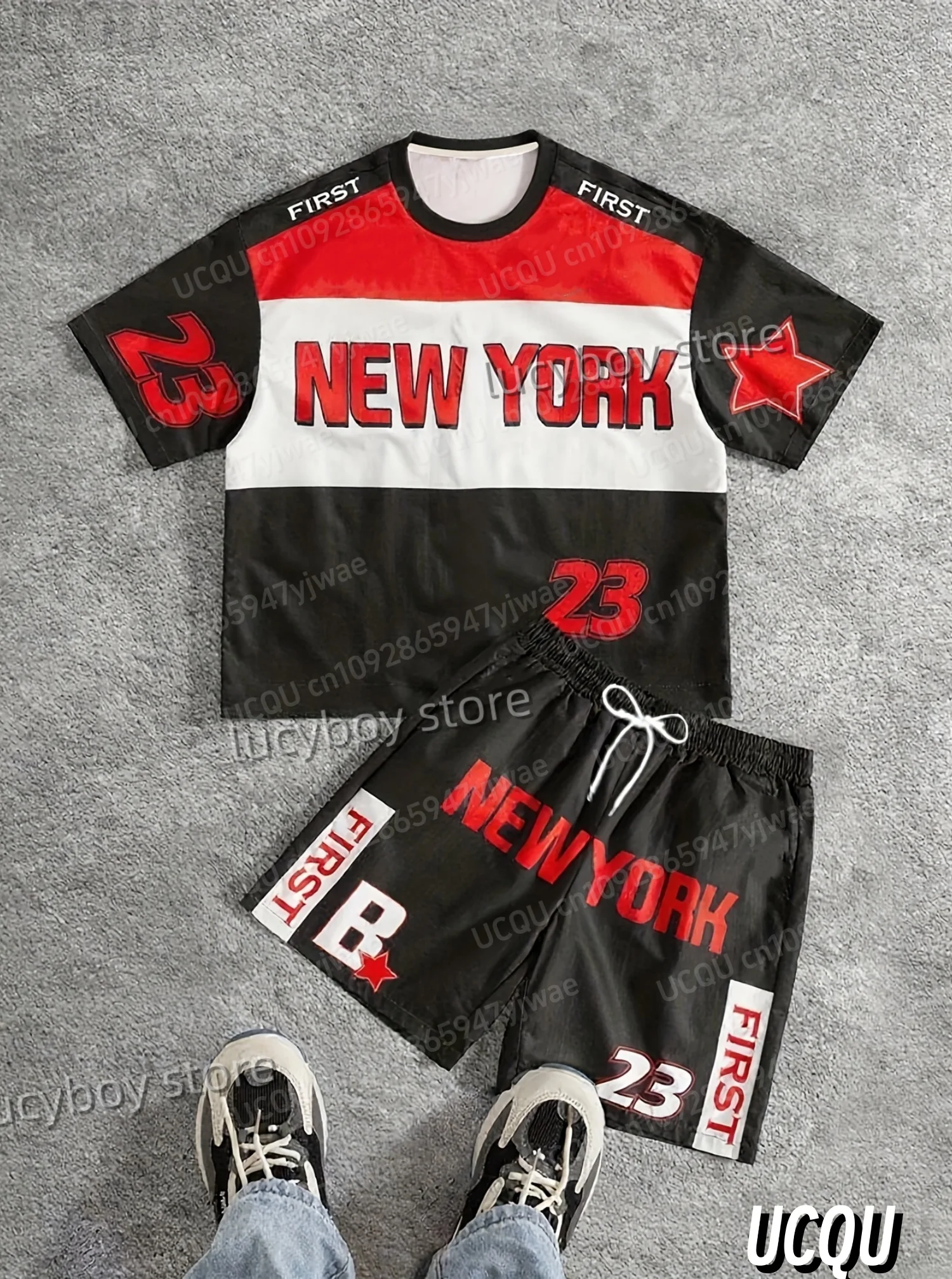 

2025 Men' Color Block NEW YORK Print Set Short Sleeve T-Shirt Shorts Set Adult Sport Jogging Plus Size Tracksuit 2 Piece Set