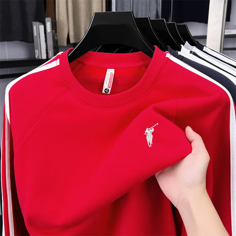 

2025 Новая мужская толстовка с вышивкой, футболка с круглым вырезом и длинными рукавами, мужской повседневный топ, высококачественная базовая рубашка, мужской топ с тремя полосками