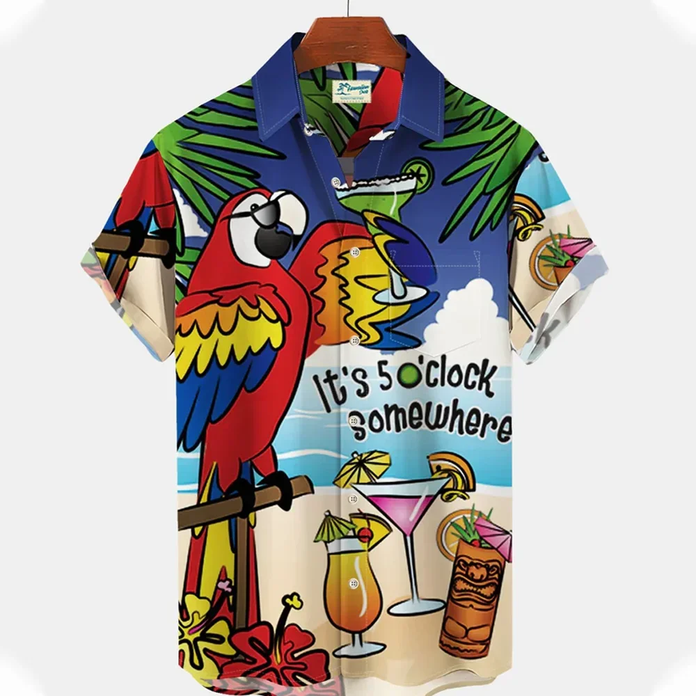 Hawaiian T-shirt Men\'s Shirt Parrot Print Short Sleeve Blouse Summer Beach Vacation Shirt For Men Fashion Lapel Men\'s Clothing