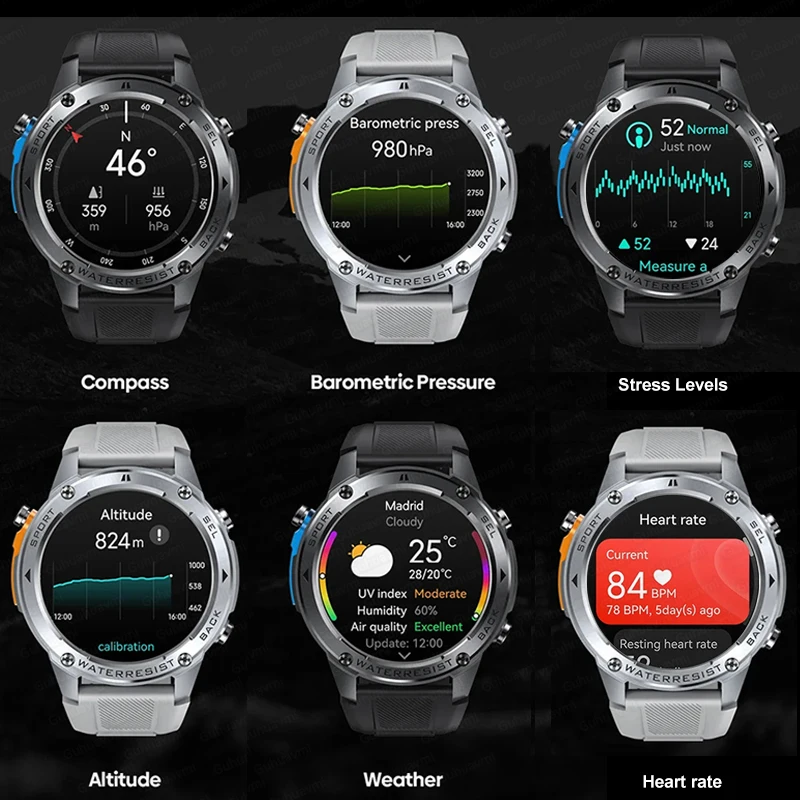 2026년 신형 아웃도어 군용 GPS 트랙 스마트워치 5ATM 방수 내장 듀얼밴드 GNSS 나침반 수영 스포츠 스마트워치 남성용