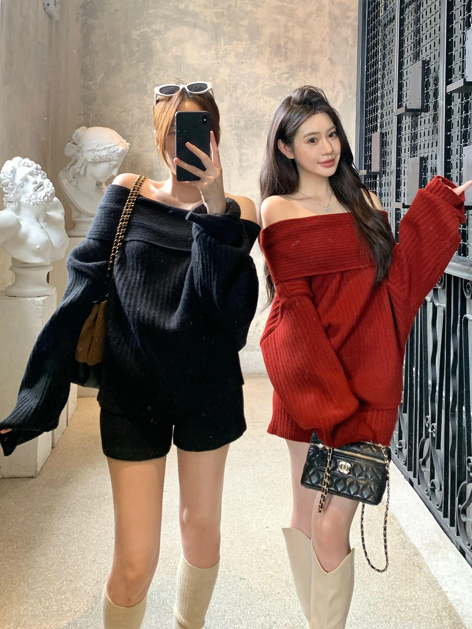 

Casual Korean Sle Knitted Sweater orts Two-Piece Set oulder Bared Comfortable Leisure Outfit Withmxboom ey Home
