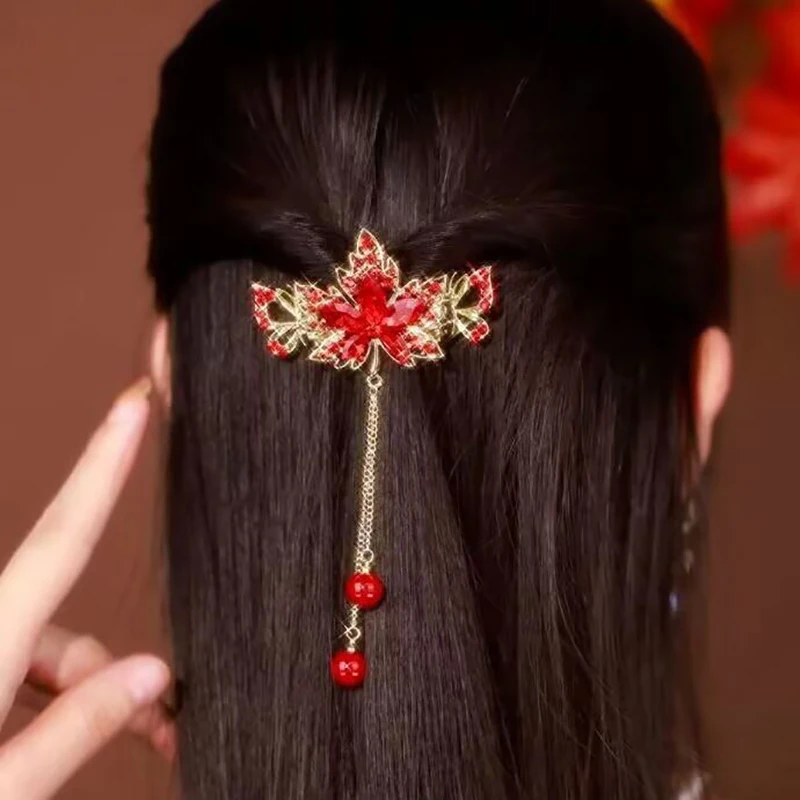 Red Maple Leaf Tassels Crystal Hair Claw Clip Vintage Hanfu Chinese Style Rhinestone Hairpin Ponytail Crab Grip Hair Accessories