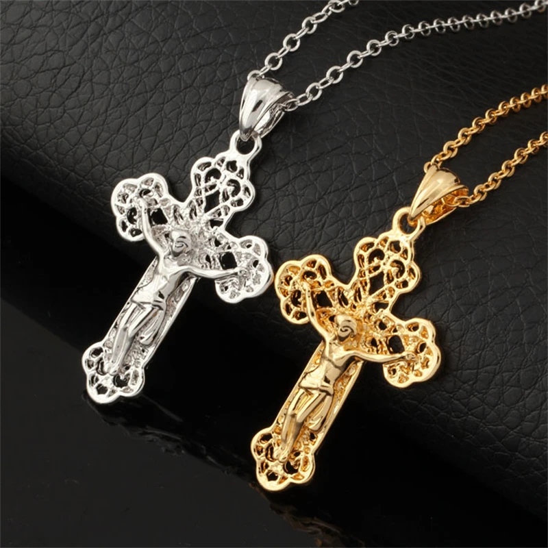 U7 3D Saint Jesus Cross Necklace Vintage Pattern Crystal Silver/Gold Color Alloy Pendant Rolo Chain Christian Jewelry QC24