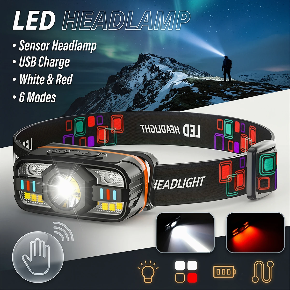 USB Rechargeable LED Headlamp 6 Modes Wave sensor Portable Lights Built in Battery Fishing HeadLight Outdoor Camping Lantern