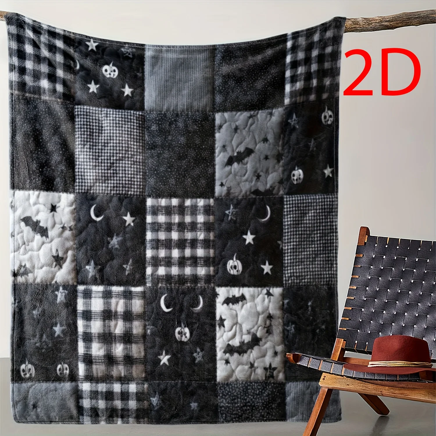 2D Printed 1pc Gothic Black White Plaid Bat Pumpkin Flannel Blanket, Soft Warm All Season Retro Design for Sofa Travel Camping C