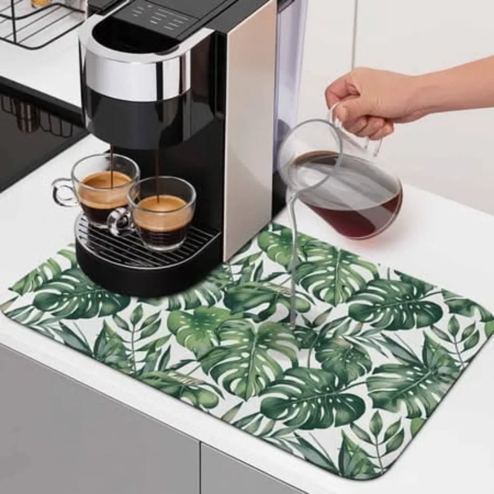 Kitchen Dish Mat Tropical Botanical Safari Theme Crisp White Background Splashes Guard Non Slip Pad for Coffee Table