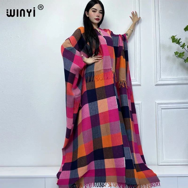 WINYI Retro plaid winter coat Middle East kaftan Pleated dress Africa Cardigan holiday cloak winter abaya women long down coat