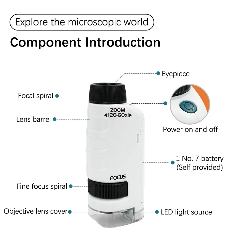 Mikroskop saku mainan anak-anak, Kit mainan sains 60-120x pendidikan genggam Mini dengan lampu LED luar ruangan