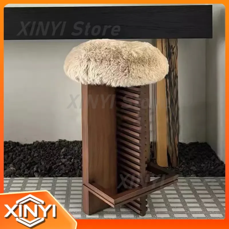 High Back Bar Stool for Household Medieval Style Lamb Wool Retro Bar Table Solid Wood Wabi Sandy Wind Island Bar Chair for J