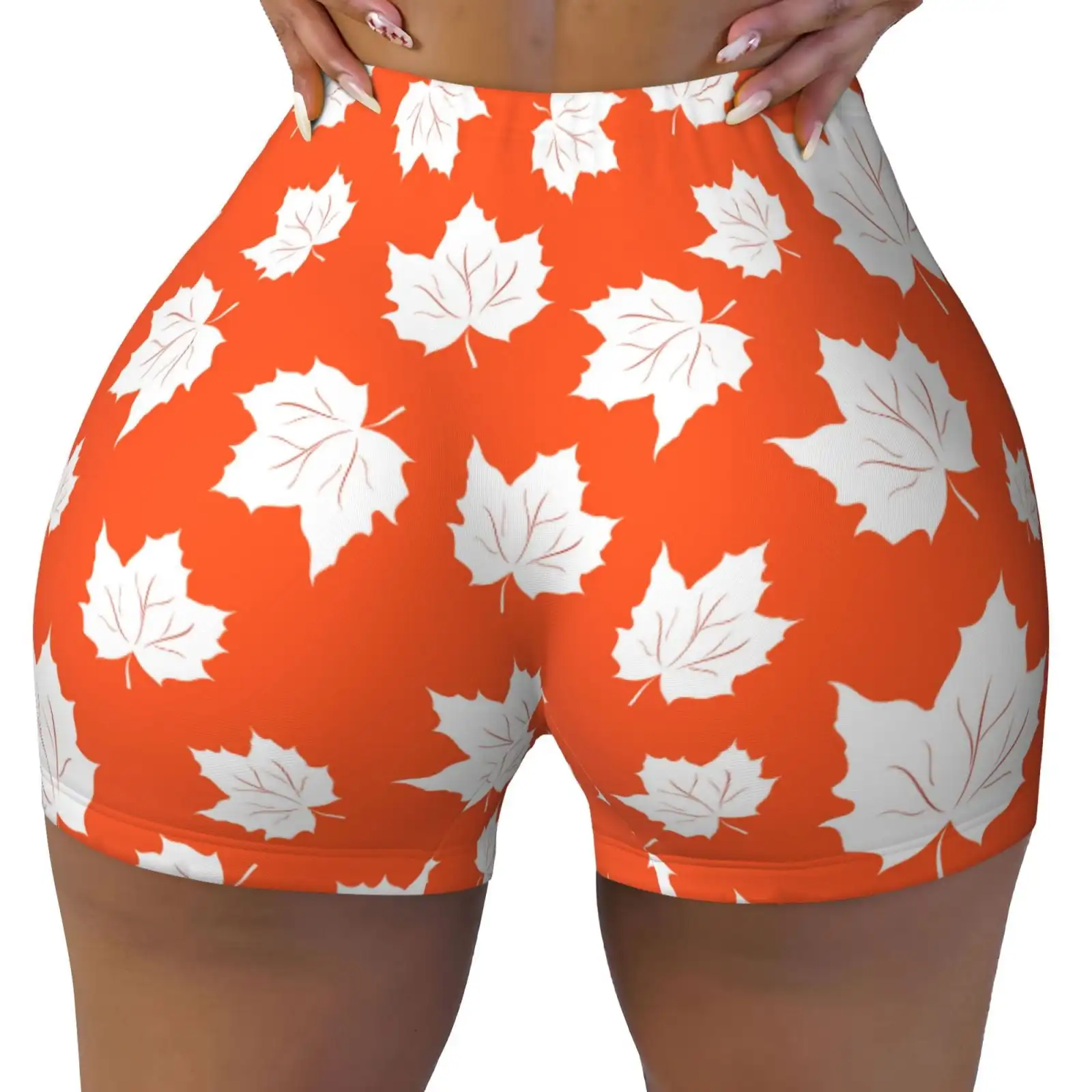 Bright Autumn Leaves Charm Print Workout Shorts for Women Soft Smooth Gym Yoga Scrunch Active Tennis