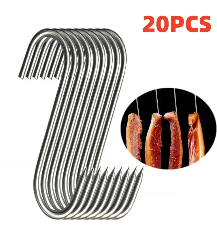 20Pcs/Set Stainless Steel S Hooks with Sharp Tip Utensil Meat Clothes Hanger Hanging Hooks for Butcher Shop Kitchen Baking Tools