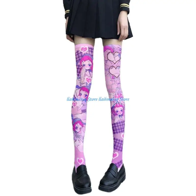 

573B Japanese Women Thigh High Stockings Sweet Anime Maid Bunny Girl Heart Print Cosplay Over Knee Long Socks