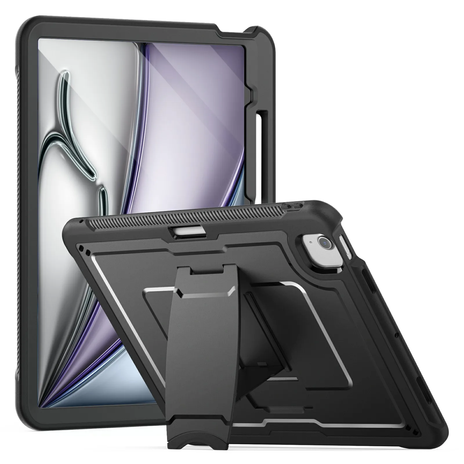 

For iPad Air 13 (2025) / (2024) A3268 Case PC + TPE Tablet Cover with Hidden Zinc Alloy Kickstand - Black