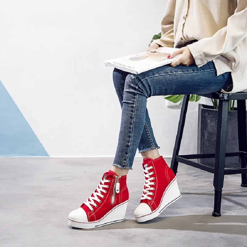 Spring and autumn new side zipper waterproof platform high-top canvas shoes casual large-size wedge high-heeled women's shoes view 6