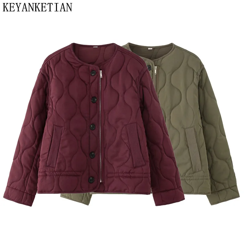 

KEYANKETIAN Winter New Women's Round Neck Placket Zipper Quilted Cotton Jacket Cotton Jacket Women Clothing