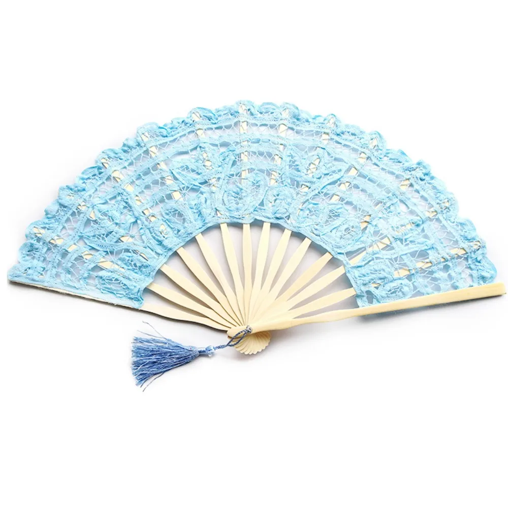 Art Craft Bamboo Handle Vintage Lace Hand Fan European Style Hand Held Embroidered Folding Fan with Tassel Dance Fan Ladies