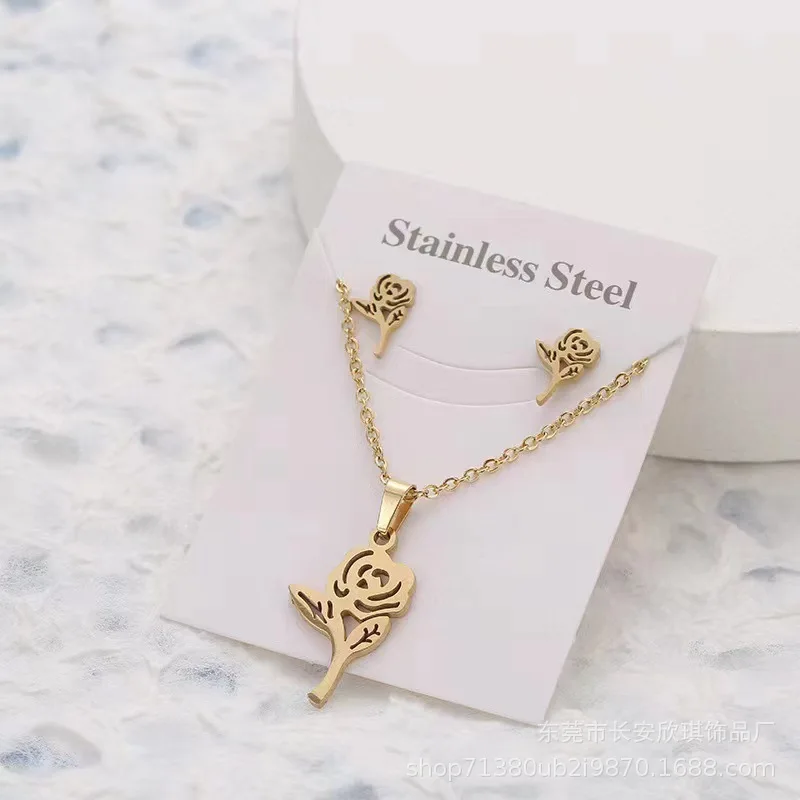 New Animal Flower Butterfly Heart Stainless Steel Necklace For Women Gold Color Chain Necklaces Earrings Jewelry Set Gifts