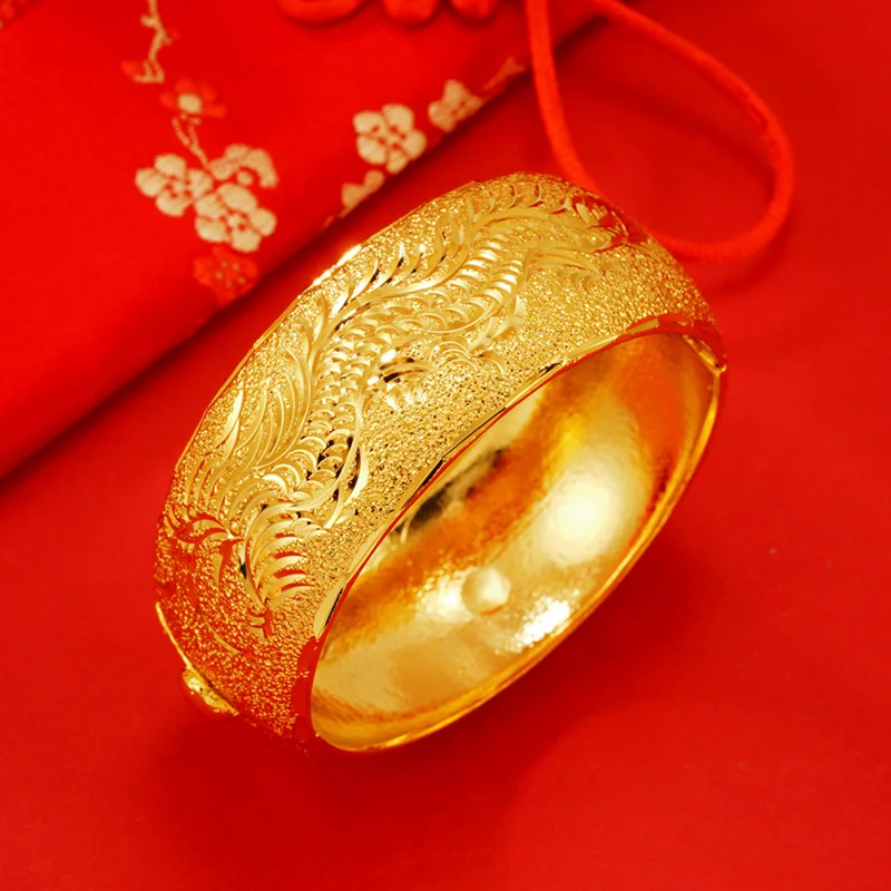 

Bridal Wedding Celebration Dragon and Phoenix Bracelet 9999 24K Real Gold Wedding Gold Bracelet for Women Bangles