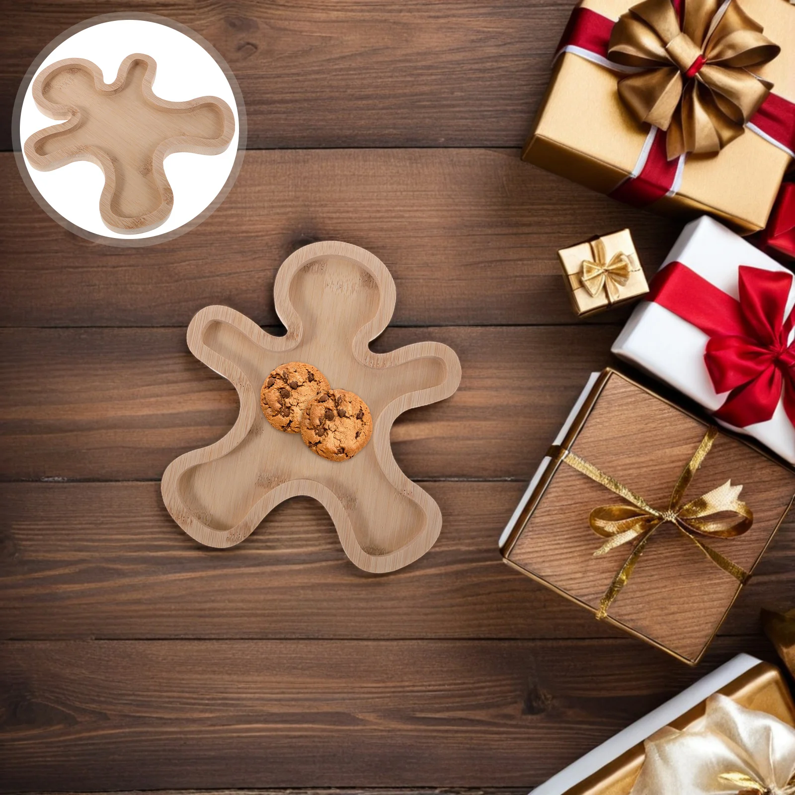

Christmas Bamboo and Wooden Tray Decor Decorative Gingerbread Platter Light Brown Cheese Board