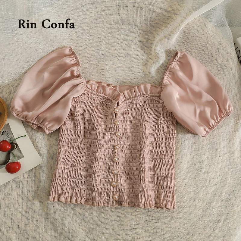 

Rin Confa Summer Fashion Thin Glossy Feeling Small Shirt Wood Ear Edge Show Collarbone Top Women Fold Pearl Button Short Top