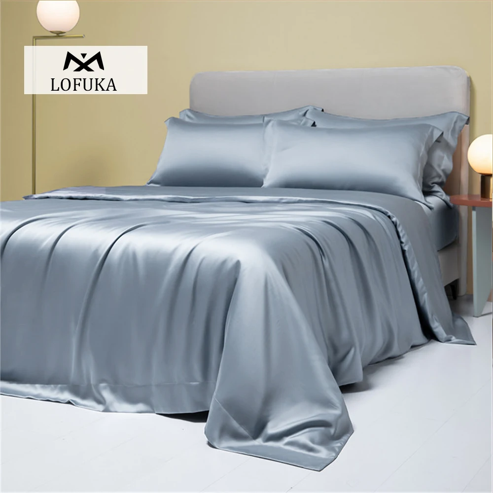 

Lofuka Luxury Pure 100% Silk Bedding Set Beauty Double Queen King Blue Gray Quilt Cover Flat Sheet Pillowcase For Healthy Sleep