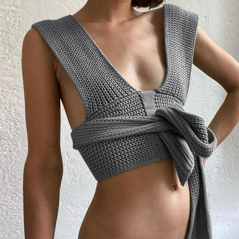 2024 Autumn New European and American Sweater DIY Style Tide Cross Coarse Knit Top Sexy Sling Fashion Solid Color Vest Women