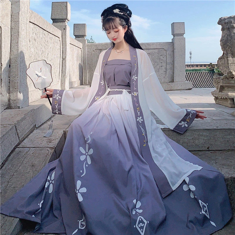 Women's Hanfu Song Dynasty Loose Retro Dress Cardigan Flower Bird Print Pleated Skirt Camisole Suit Wei and Jin Dynasty Clothing