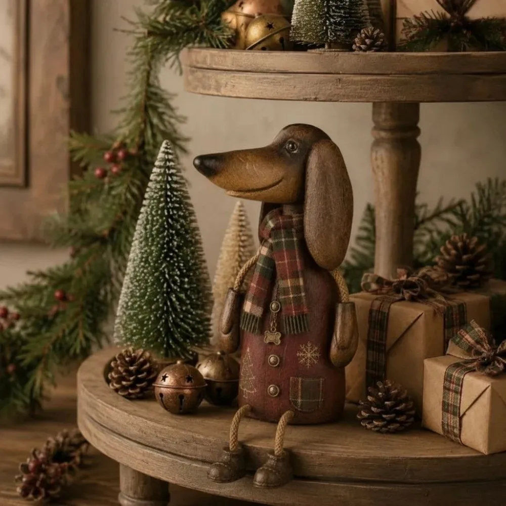 Vintage Dachshund Shelf Sitter Rustic Farmhouse Cute Dachshund Figurine Cartoon Plaid Scarf Christmas Dog Decoration Holiday