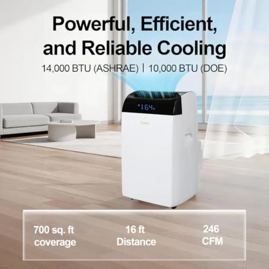 Portable air conditioner for home use, ABS plastic body, white color, WiFi-enabled smart control and ultra-quiet 42dB operation