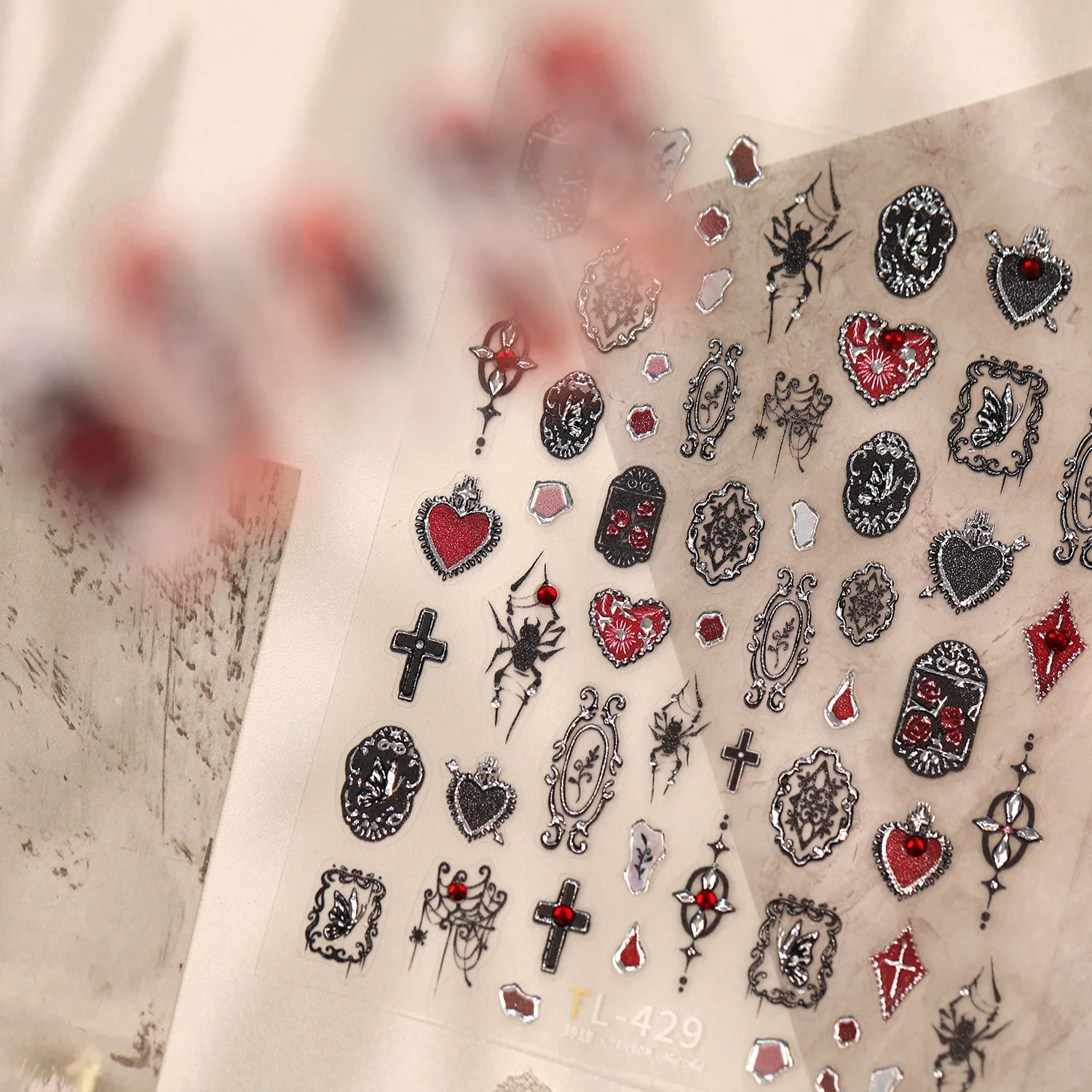 5D Gothic Spider Red Heart Cross Nail Stickers Silver Outline Vintage Lace Frame Decals Dark Punk Grunge DIY Manicure Supplies