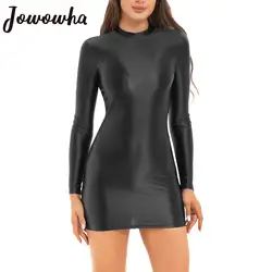 Dames Glanzende Bodycon Jurk Met Lange Mouwen Mini Potlood Jurk Nachtkleding Gladde Stretchy Mock Hals Strakke Jurken Rave Party Clubkleding