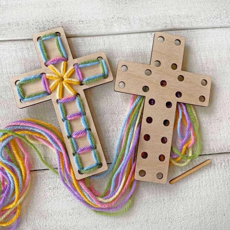 Easter Decor Unfinished Wooden Crosses Yarn Craft Kit, Wood Ornaments For Easter Gifts Baskets Sunday School Family