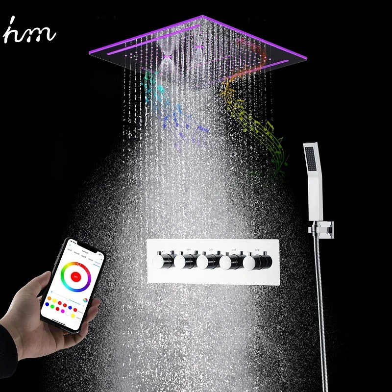 hm Bluetooth Muisc Shower System Set Ceiling LED Shower Head Panel Waterfall Rainfall SPA Massage Thermostatic Mixer Faucets Kit