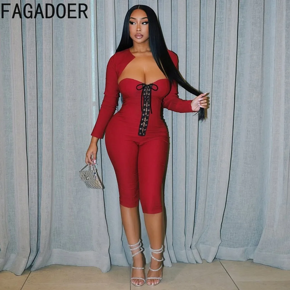 FAGADOER Sexy Women 2 Piece Jumpsuit Set Lace Up Strapless Bodycon Capri Jumpsuit with Long Sleeve Crop Shrug Fall Club Outfit - view 2