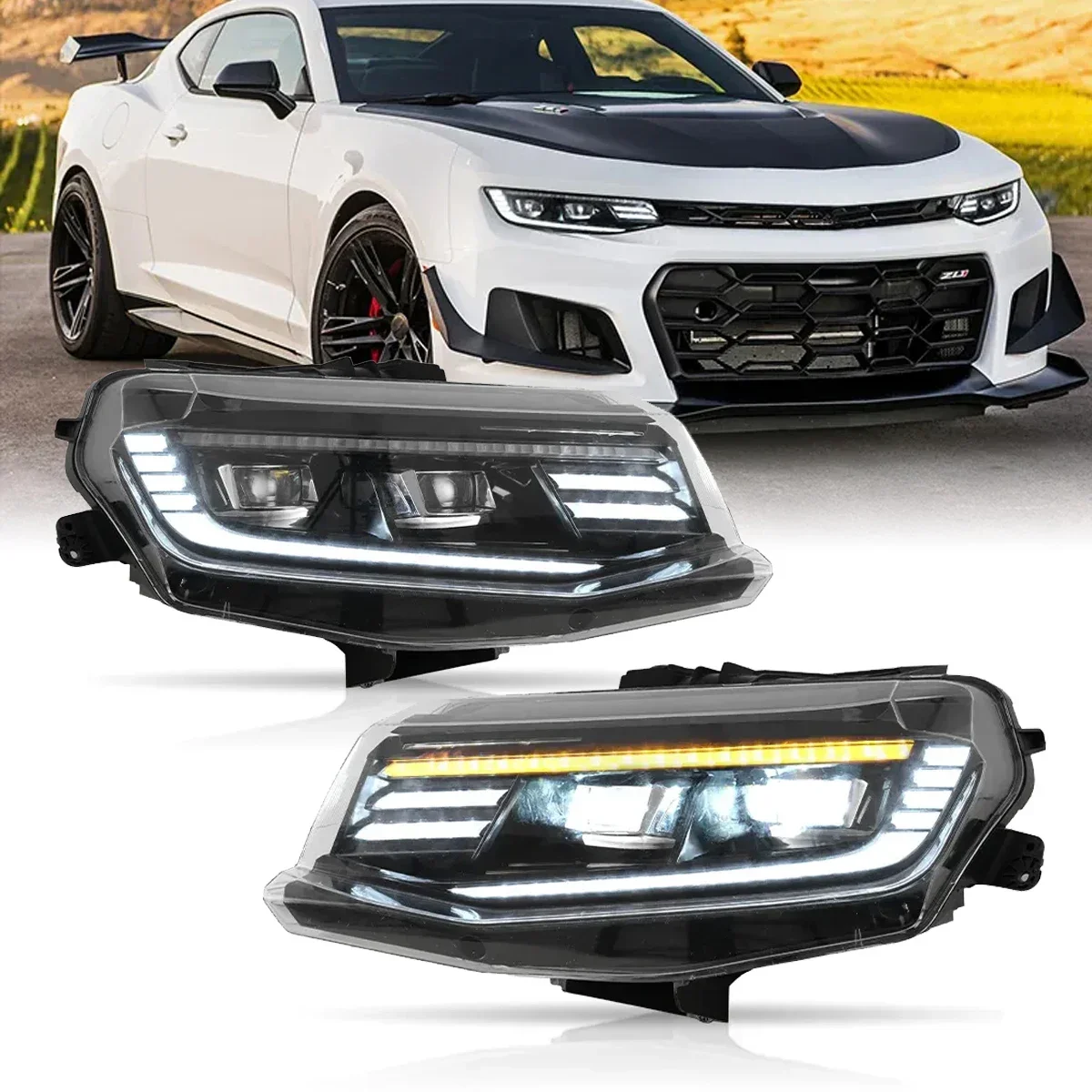 Full LED Projector Headlights Assembly for Chevrolet & Chevy Camaro 2016 2017 2018 LT SS RS ZL LS Headlamp DRL Dual Beam Lens