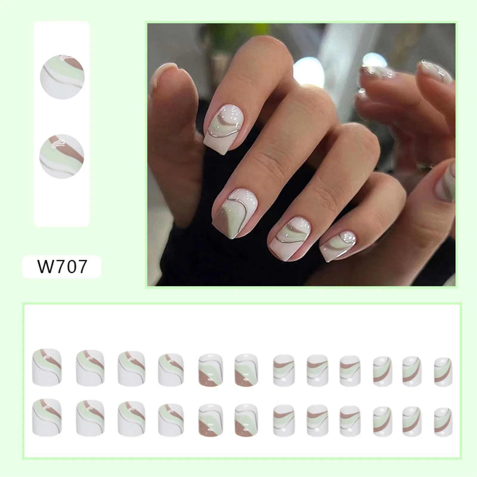 Coffee & Green Waves Fake Nails Durable & Reusable Not Easy Deform Nails for Female Friends as Gift