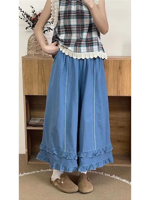 Ele Embroidered Cotton Linen Wide Leg Pants High Waist Nine Points Loose Fit Casual Trousers for Women Summer 2025