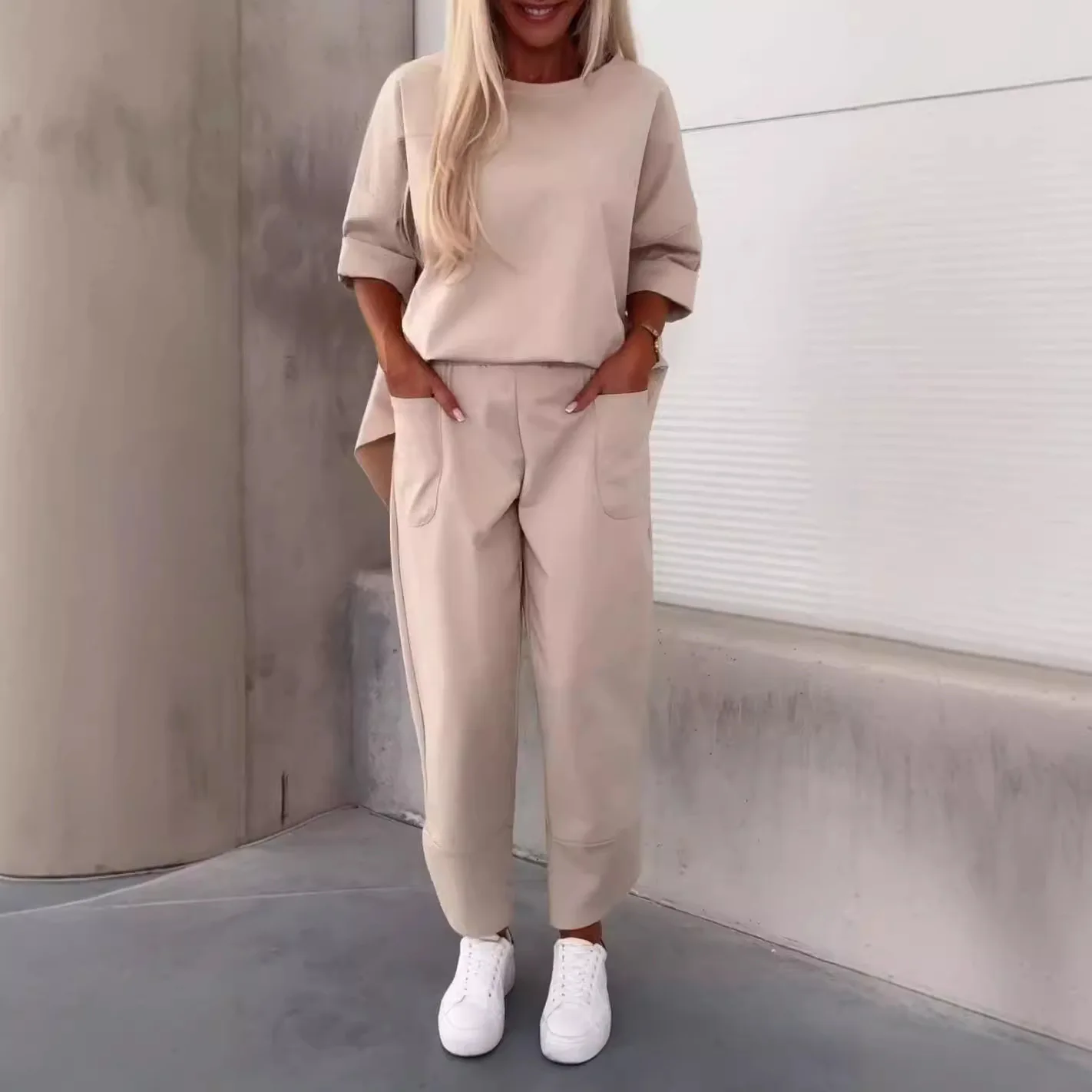 

2025 повседневные однотонные комплекты брюк, женские топы из двух предметов с круглым вырезом, длинные брюки на шнуровке с карманами, повседневные спортивные осенне-зимние комплекты
