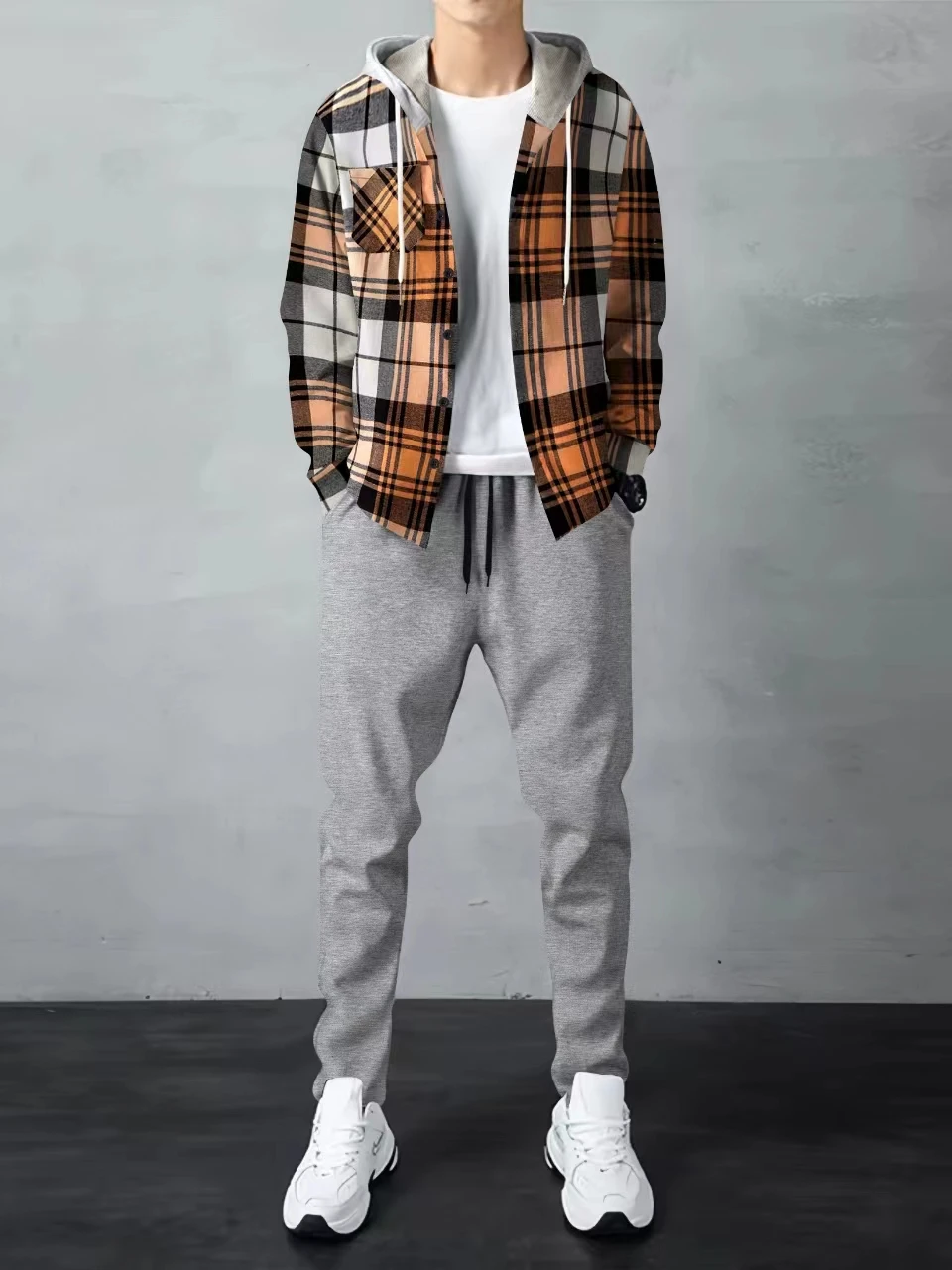 Cross-border 2024 Spring and autumn new men's leisure sports hooded plaid long sleeve - solid color slim pants fashion two sets