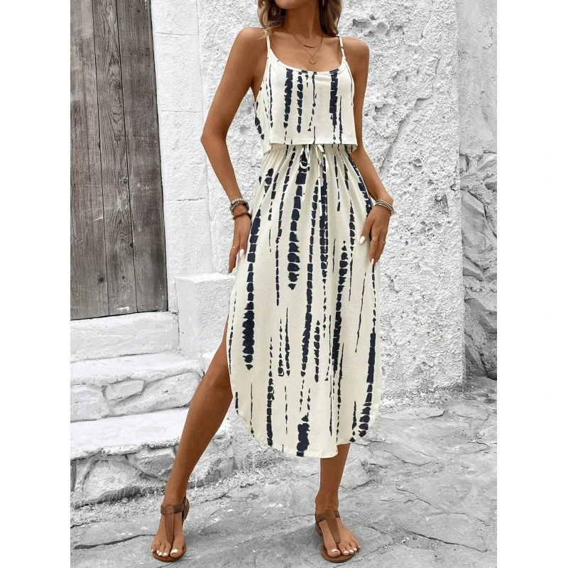 

Color Print Spaghetti Strap Dress Women Summer New Elastic Waist Leace-up Double Side Slits Dresses Casual Commuting Vestidos