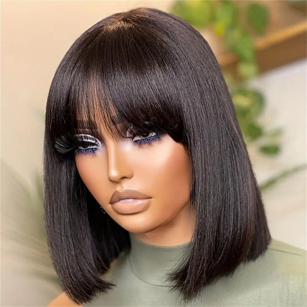 

12A Glueless Straight Bob With Fringe for Women Full Machine Made Bone Straight Remy Human Hair Wigs with Bangs For Daily Party