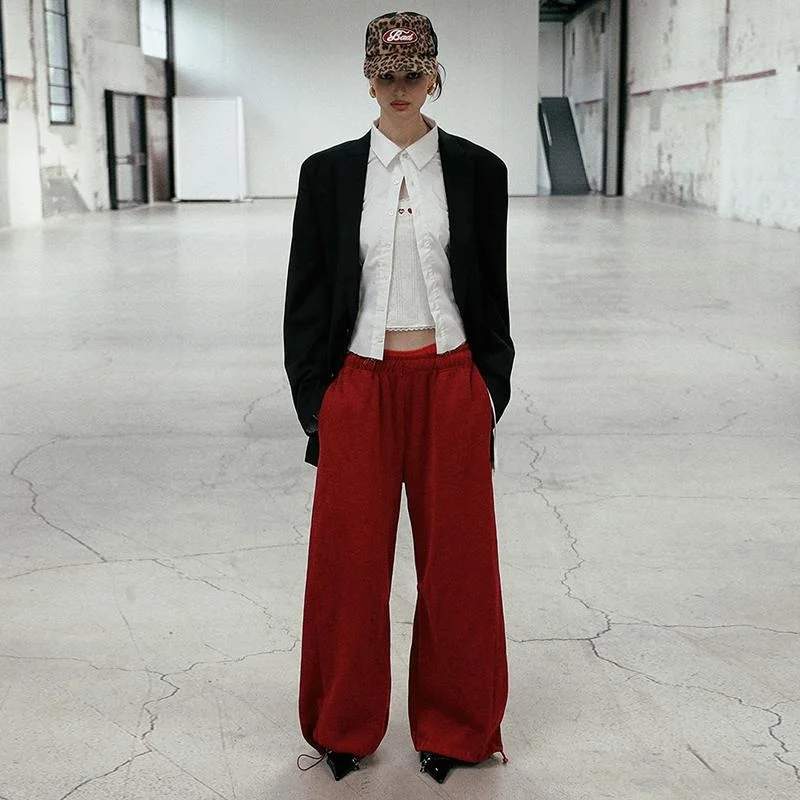 กางเกงกีฬาขากว้างลำลองผู้หญิงอเมริกันสลีสลิมมิ่งหลวมพอดีสตรีทแดนซ์กางเกงขาตรงเดินทางสลี