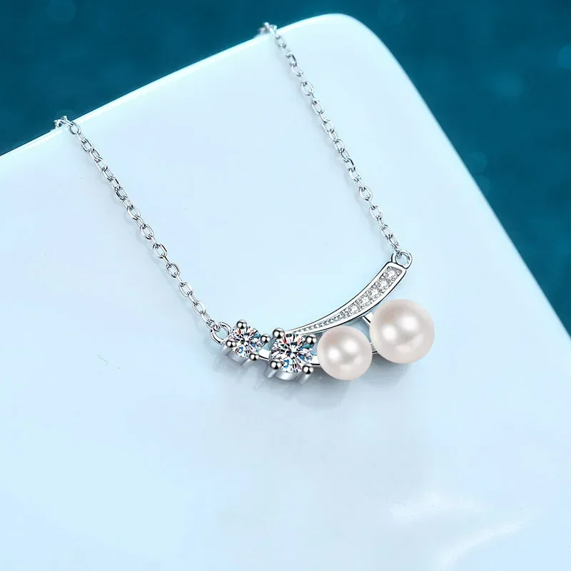 

0.43ct Moissanite Premium 6mm Freshwater Pearls Collarbone Chain, Platinum Pt950 Pendant Necklace for Women Wedding Fine Jewelry
