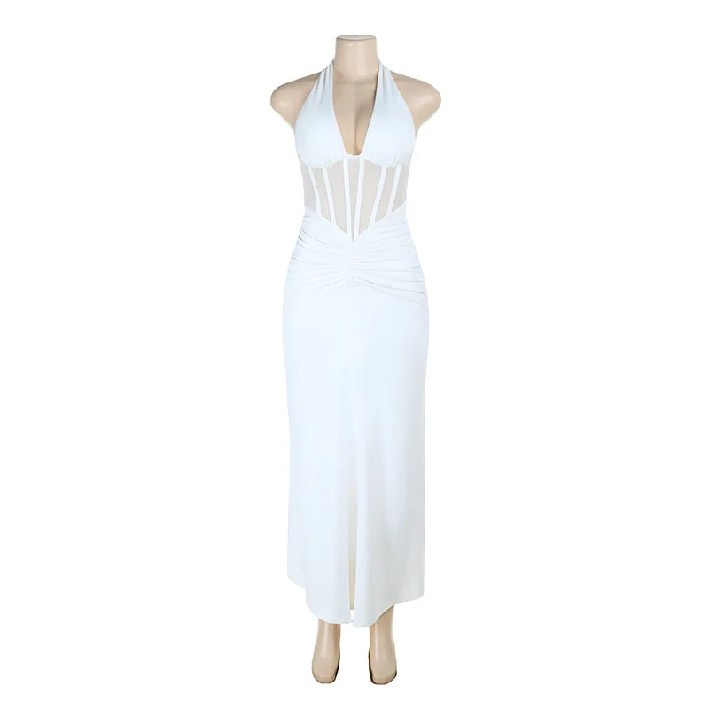 Elegante witte lange bochtige jurk dames halter diepe V-rugloze zwarte mesh gerimpelde maxi-jurken avondfeest cocktailjurk zomer - afbeelding 1