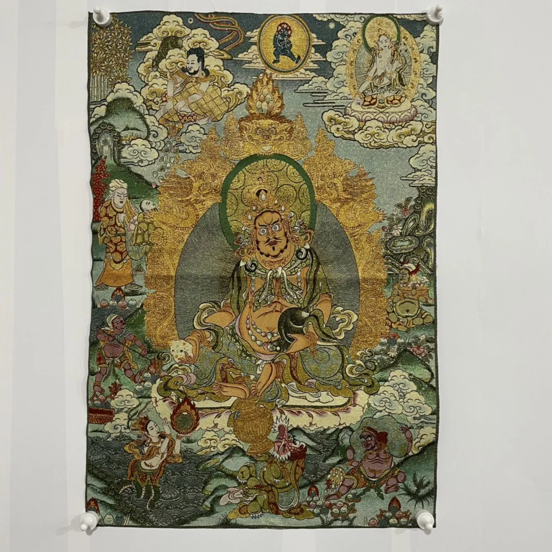 

35"Thangka Embroidery Tibetan Buddhism silk Embroidery Yellow Jambhala God of Wealth Buddha Thangka hanging screen