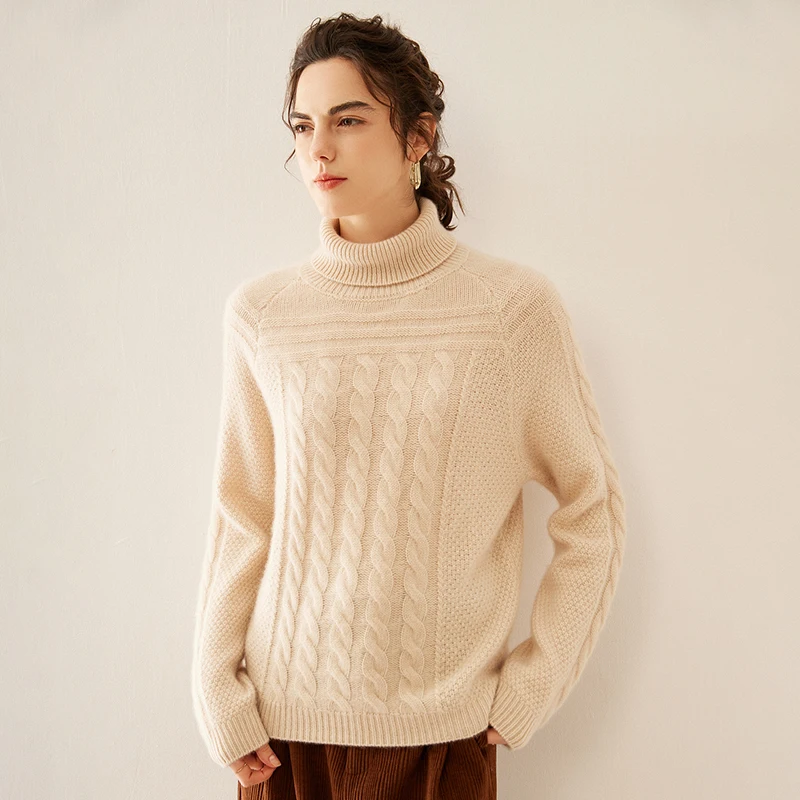 

(100% Cashmere Sweater) Women's Seven Needles Thick Hemp High Collar Casual Fashion Versatile Temperament Sweater