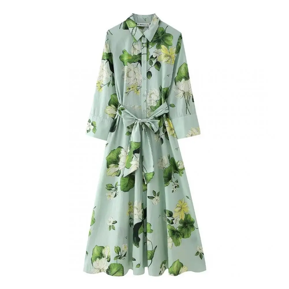 

Floral Print Shirt Dress Casual Green Belt Long Dresses Flower Printing Full Sleeves Single Brested Vestidos for Lady Streetwear