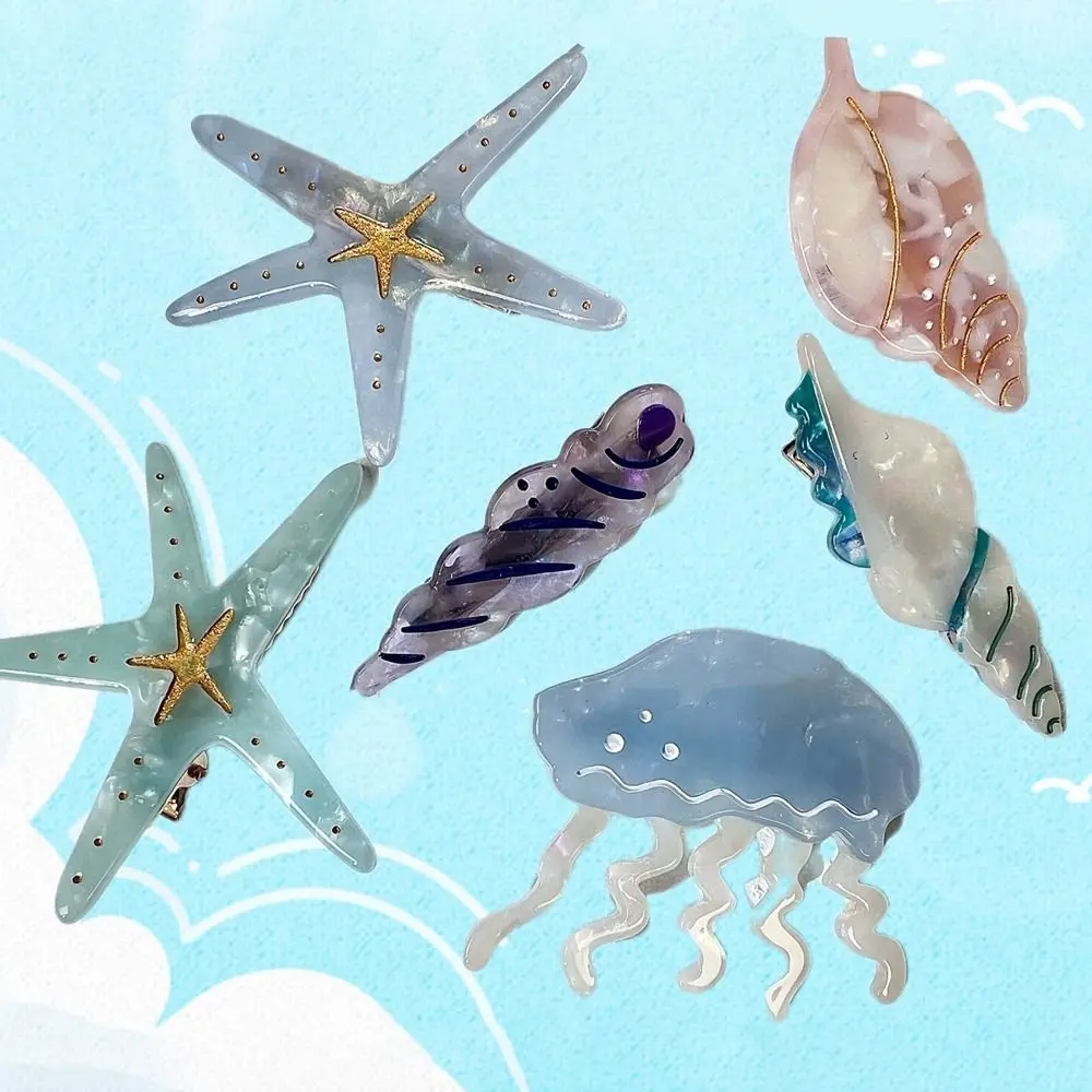 Hair Barrettes Acetic Acid Acetate Hair Clip Starfish Jellyfish Hairpin Conch Geometry Shape Headwear for Student